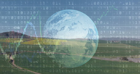 Naklejka premium Image of financial data processing binary coding over earth and countryside
