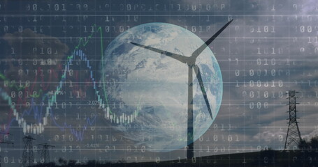 Naklejka premium Image of financial data processing binary coding over earth and wind turbine