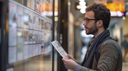 Street view: A man scrutinizing property listings on display at a real estate agency 02