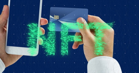 Image of nft over caucasian woman with smartphone and and credit card
