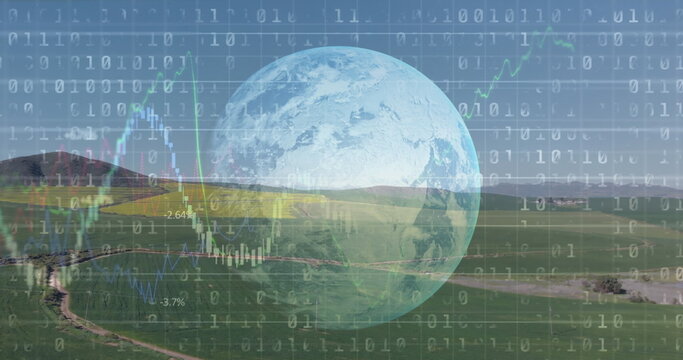 Naklejki Image of financial data processing binary coding over earth and countryside