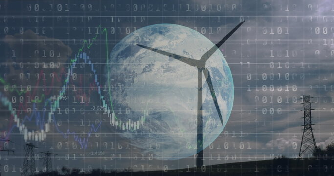 Naklejki Image of financial data processing binary coding over earth and wind turbine