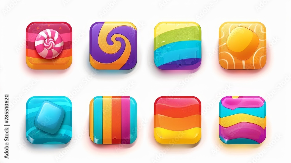 Poster the set includes candy icon packs, game ui squares, cartoon lollipop menus, and colorful blocks with