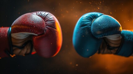 Close Up of Red and Blue Boxing Gloves Clash - obrazy, fototapety, plakaty