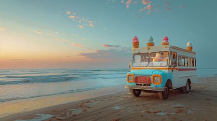 Ice cream truck on a sandy beach with waves and summer treats