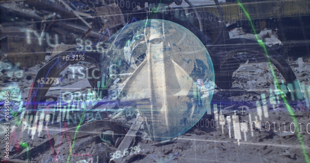 Poster image of financial data processing with globe over lights