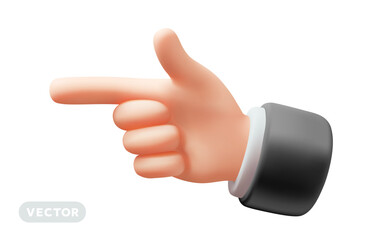 Vector illustration of finger point gesture male hand in sleeve on white color background. 3d style design of man white skin hand point gesture