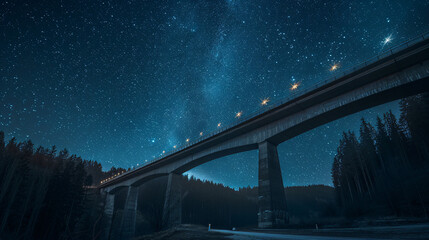 Wide angle of viaduct bridge under night sky  - obrazy, fototapety, plakaty