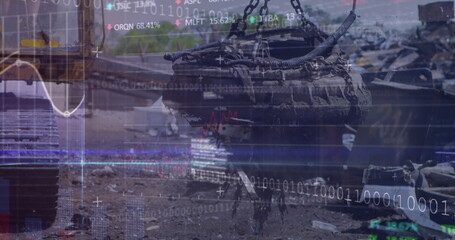 Image of data processing and security icons over cityscape