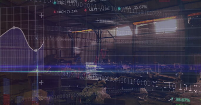 Image of financial data processing over junkyard