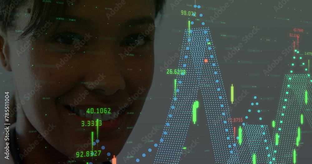 Wall mural Image of data processing over asian female doctor smiling