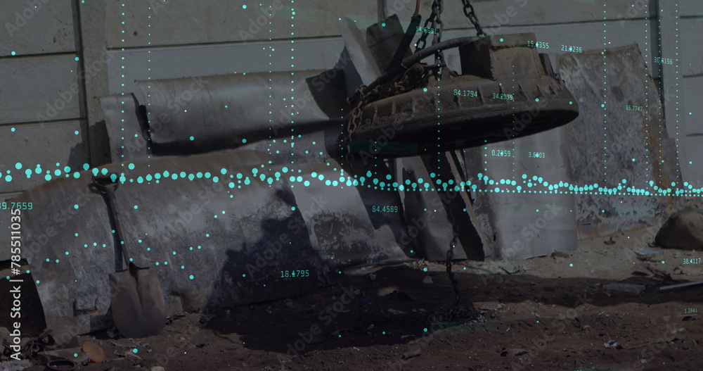 Poster image of data processing over magnetic crane operating at junkyard