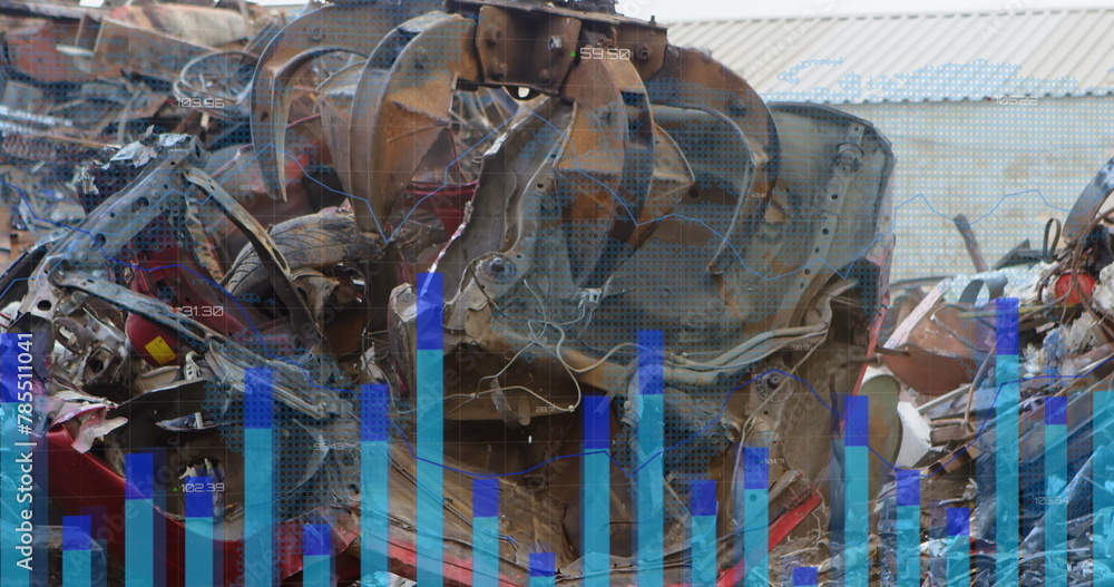 Poster image of statistical data processing over crane operating at junkyard