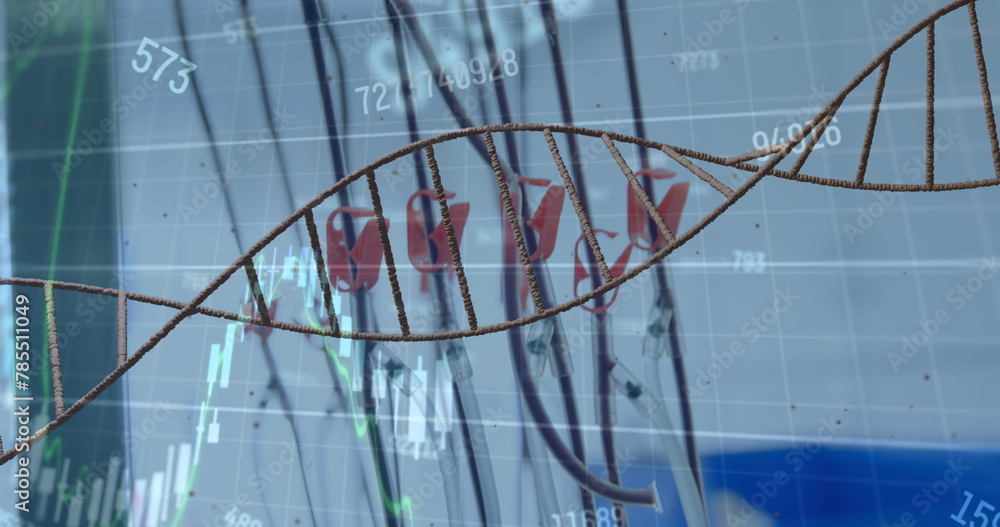 Poster dna structure spinning and financial data processing against close up of laboratory equipment