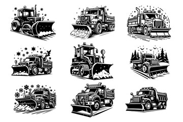 snowplow car set silhouette vector illustration art isolated on transparent background - Generative AI