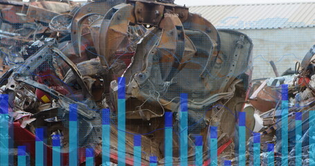 Image of statistical data processing over crane operating at junkyard