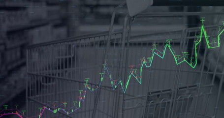 Financial data processing against close up of a shopping cart at supermarket