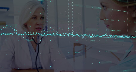 Image of data processing over caucasian female doctor with patient talking