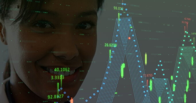 Image of data processing over asian female doctor smiling