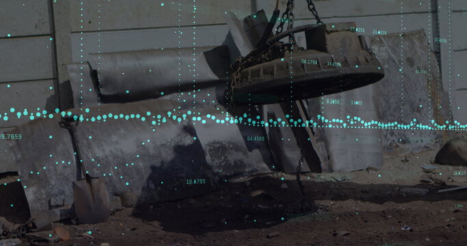 Image of data processing over magnetic crane operating at junkyard - Powered by Adobe