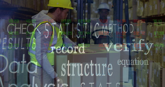 Image of business concept texts over caucasian male worker stacking delivery boxes on forklift