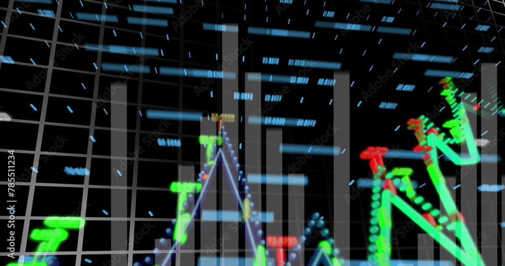 Poster image of graphs and icons on black background