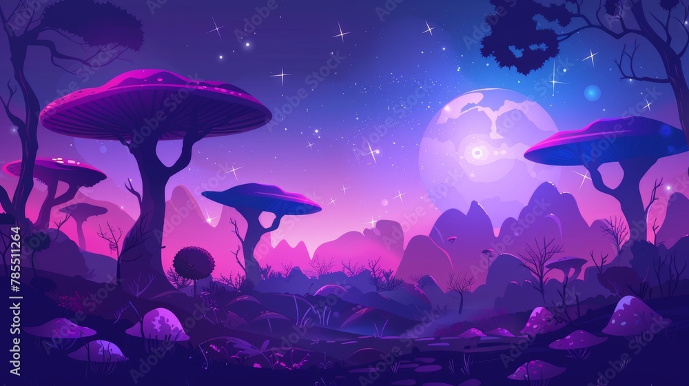 Poster 2d alien planet background with mushrooms, rocks, trees and buildings. cartoon modern scenery view f