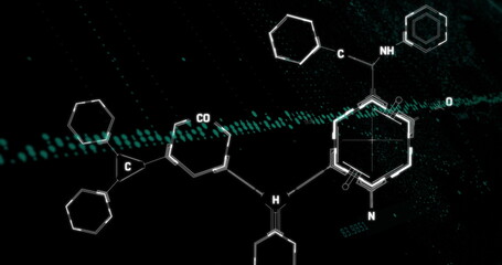 Image of graphs and chemical formulas on black background