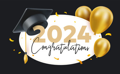 Vector illustration of graduate cap and air balloon on white and black background. 3d style design of congratulation graduates 2024 class with graduation hat and golden air balloon
