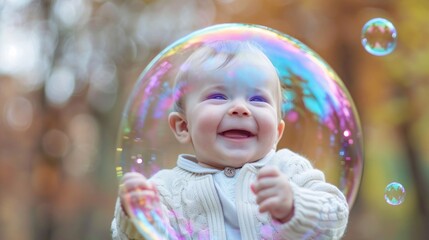 Smiling baby in a giant soap bubble 03