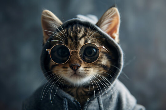 A tiny tabby cat dressed in a stylish outfit, complete with a pair of fashionable sunglasses. RAW photo Generated Aisweatshirt