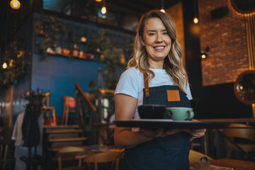 Portrait of a beautiful waitress wearing an apron, smiling at camera. Female barista in her 20s serving coffee in cafe.  The concept of service. Stylish nice woman waitress in apron - obrazy, fototapety, plakaty