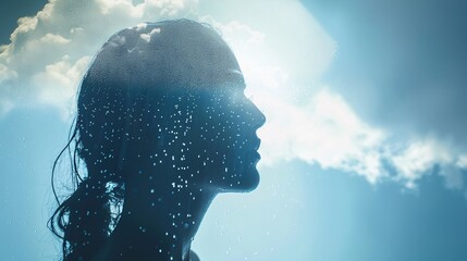 Profile view of a woman or man against a plain background, a raincloud hovering overhead, raindrops cascading down, creating an atmosphere of reflection and rejuvenation