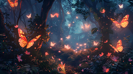 Obraz na płótnie Canvas Wide panoramic of fantasy forest with glowing butterflies