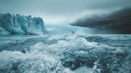 A melting glacier, with rushing meltwater as the background, during a heatwave in the Arctic - obrazy, fototapety, plakaty