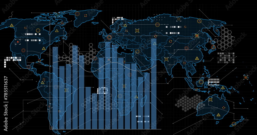 Poster image of graphs and icons on black background