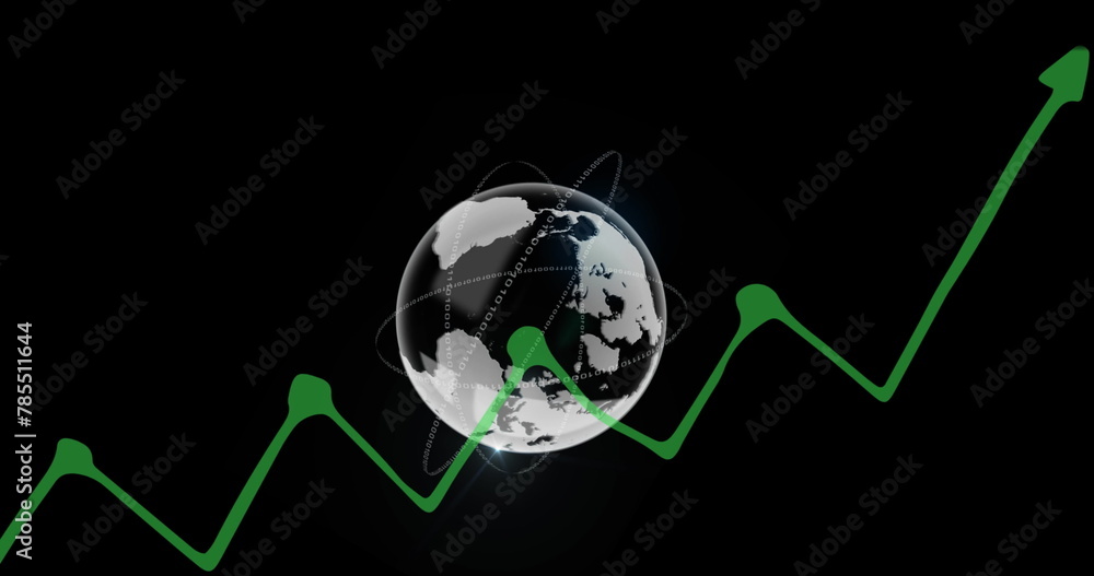 Poster image of graphs and globe on black background