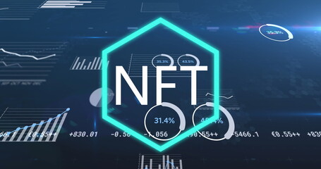 Image of data processing and nft text over blue background