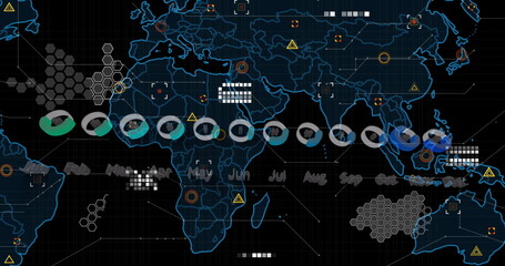 Image of graphs, world map and icons on black background