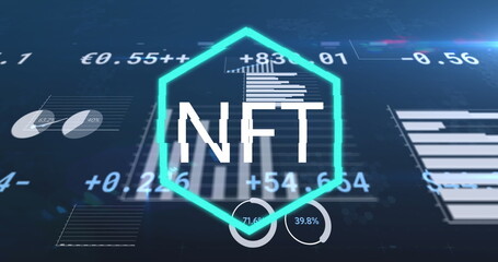 Image of data processing and nft text over blue background