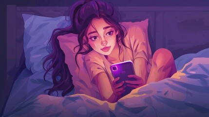 Young woman lying in bed with phone in hand. Girl is chatting with friends in social networks, texting, and reading newsfeeds on the internet at bedtime. Cartoon illustration of gadget addiction.