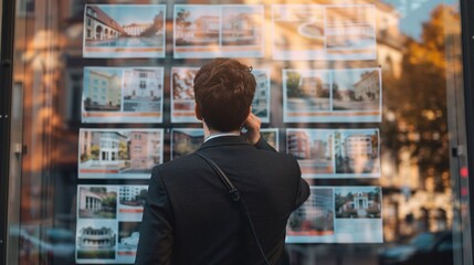 Man examining real estate listings displayed in the window of a property agency 01