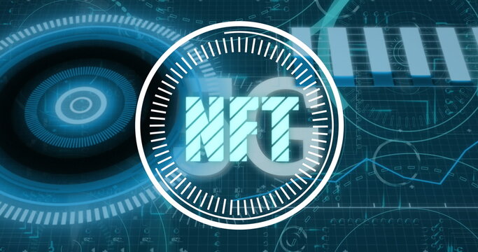 Image of digital interface with scan scoping and nft text over blue background