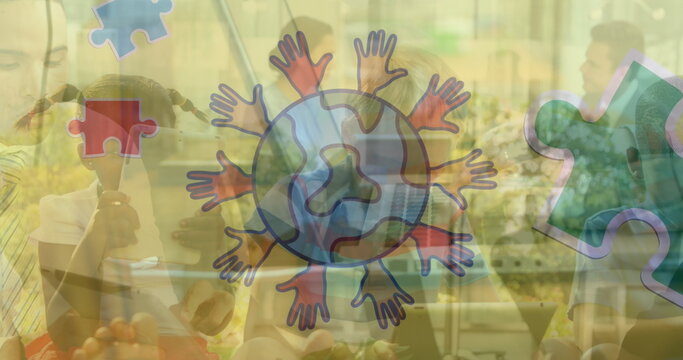 Image of globe with hands text over diverse schoolchildren - Powered by Adobe