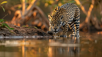 Wild Jaguar in its Natural Habitat Drinking Water alone