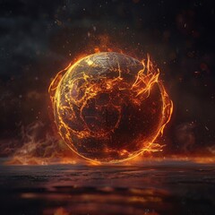 A holographic globe with fiery lines swirling around, symbolizing a world on fire, set against a dark, futuristic backdrop