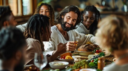 Jesus sharing a meal with people from diverse backgrounds, breaking bread together in a gesture of unity, love, and fellowship 02 - obrazy, fototapety, plakaty