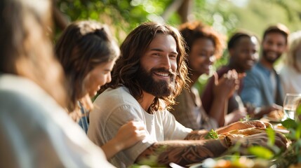 Jesus sharing a meal with people from diverse backgrounds, breaking bread together in a gesture of unity, love, and fellowship 01 - obrazy, fototapety, plakaty