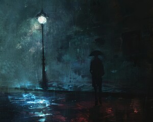 A lone figure standing in the rain, the glow of a streetlight casting long shadows over a face marked by secrets