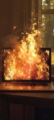 A laptop's fiery fate, never pausing, succumbs to the inferno of continuous exertion